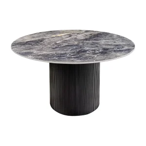 Eettafel LUMEA – Rond 120 cm – Donkergrijs marmer effect – Brede centrale voet – Hedendaagse stijl