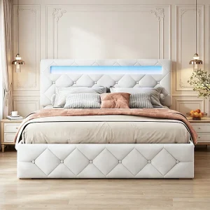 Fluwelen bedframe abrikoos 160×200 cm met hydraulische opbergruimte en RGB LED, verstelbare hoofdbord, eigentijdse stijl Fluwelen bedframe abrikoos 160×200 cm met hydraulische opbergruimte en RGB LED, verstelbare hoofdbord, eigentijdse stijl
