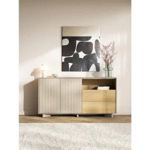 Dressoir met lades en geribbelde front kasjmiergrijs / eikenlook – 156 cm – DISTRIA Dressoir met lades en geribbelde front kasjmiergrijs / eikenlook – 156 cm – DISTRIA