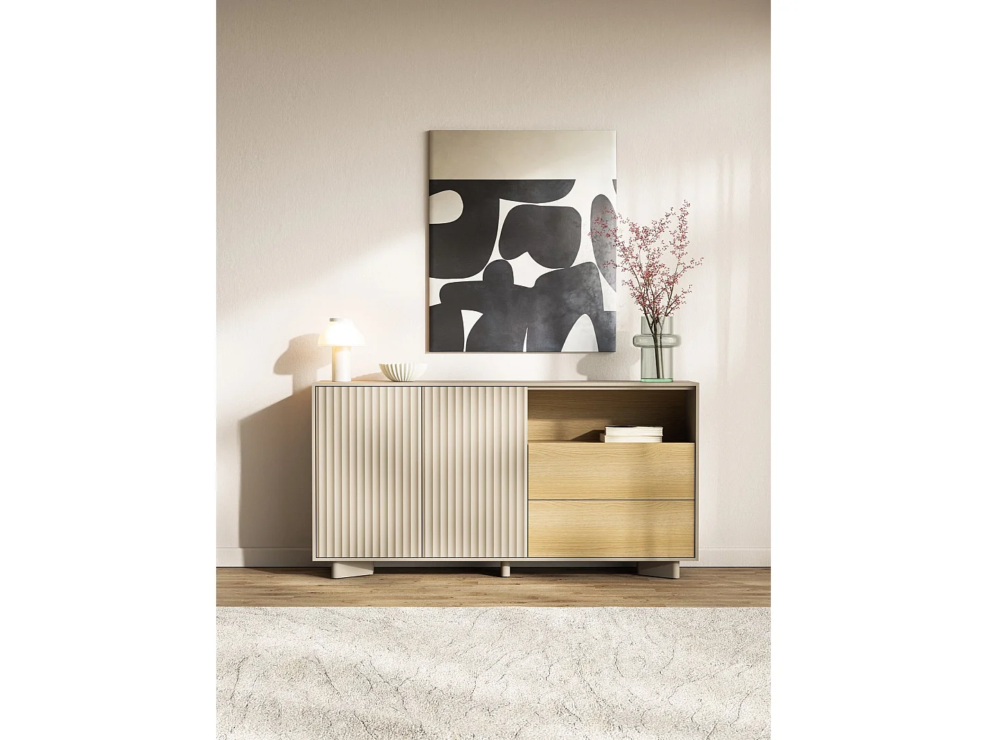 Dressoir met lades en geribbelde front kasjmiergrijs / eikenlook – 156 cm – DISTRIA