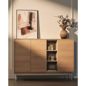 Dressoir met 3 deuren en drie open – vakken eikenlook / cashmeregrijs – 138 cm – LAYEN