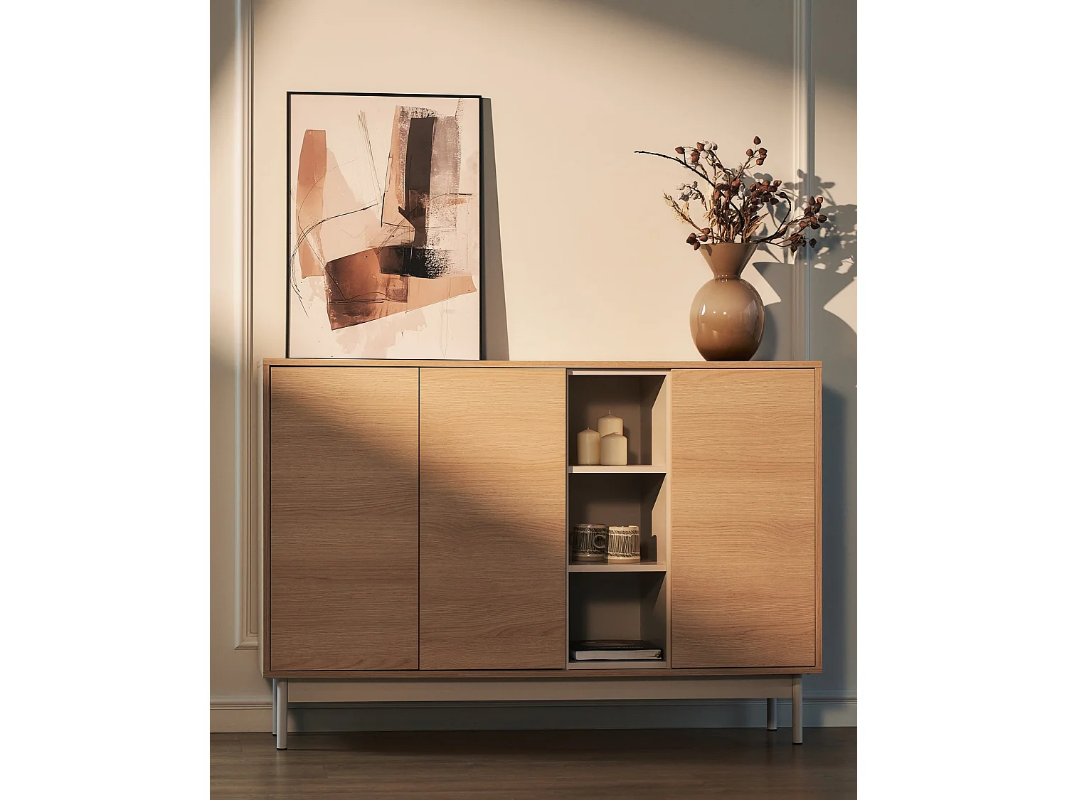 Dressoir met 3 deuren en drie open – vakken eikenlook / cashmeregrijs – 138 cm – LAYEN
