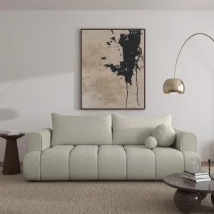 Driezits slaapbank – grijsbeige chenillestof – DANDELINO Driezits slaapbank – grijsbeige chenillestof – DANDELINO