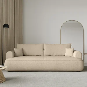 Driezits slaapbank – lichtbeige chenillestof – OVO Driezits slaapbank – lichtbeige chenillestof – OVO
