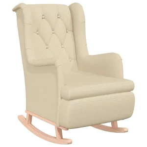 Fauteuil met massief rubberwood schommelpoten stof crèmekleurig Fauteuil met massief rubberwood schommelpoten stof crèmekleurig