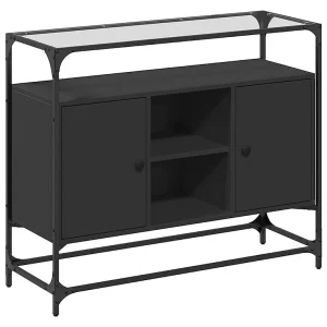 Dressoir met glazen blad 98x35x81 cm bewerkt hout zwart