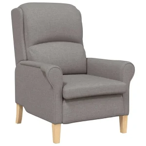 Moderne Taupe Fauteuil van Stof met Berkenmultiplex Frame en Massief Houten Poten Moderne Taupe Fauteuil van Stof met Berkenmultiplex Frame en Massief Houten Poten