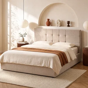 Bed met opbergruimte 160 x 200 cm van beige stof – ELIAVA Bed met opbergruimte 160 x 200 cm van beige stof – ELIAVA