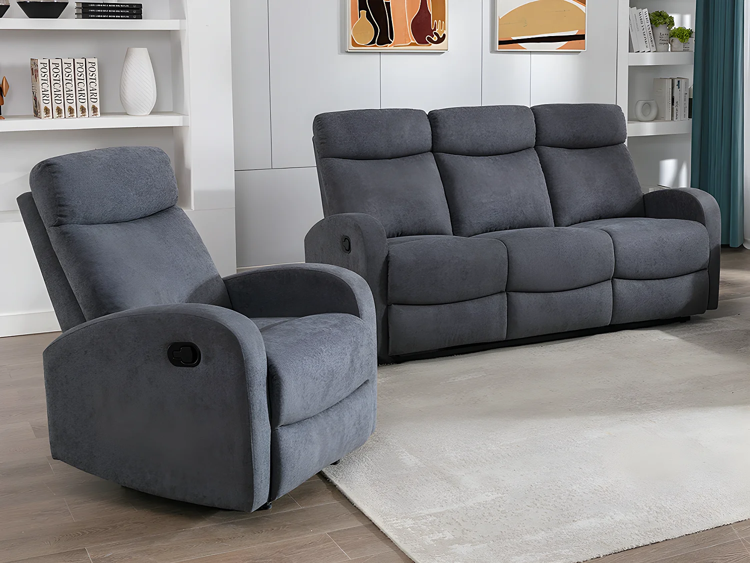 Driezitsbank en relaxfauteuil in grijze stof - EVELYN - Koop nu goedkoop online