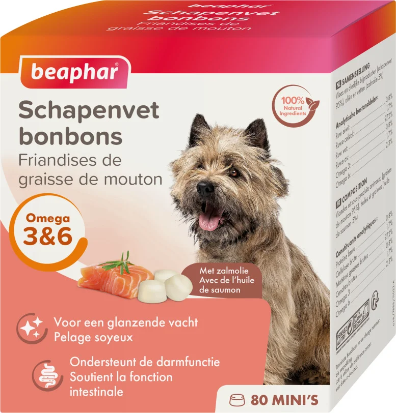 Beaphar hondensnoepjes Schapenvet bonbons zalm 80 stuks