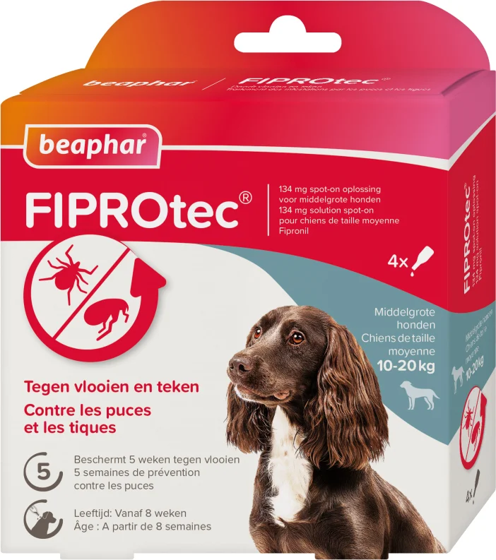 Beaphar teken- en vlooiendruppels Fiprotec hond 10-20 kg 4 stuks