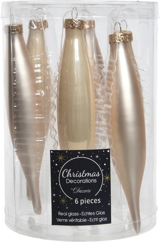 Decoris kerst ornament glaspegel crème D 3 H 15 cm 6 stuks