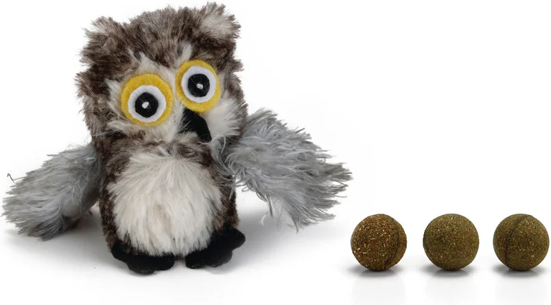 Beeztees kattenspeelgoed knuffel uil met catnip ballen grijs 9,5 cm