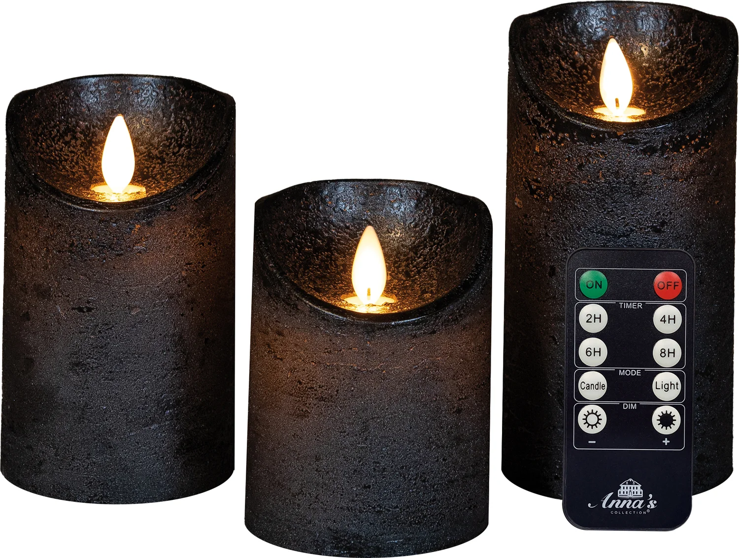 Anna's Collection LED stompkaars Rustiek antraciet D 7,5 H 10 / 12,5 / 15 cm 3 stuks