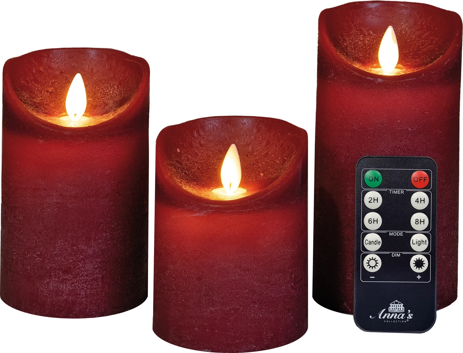 Anna's Collection LED stompkaars Rustiek donkerrood D 7,5 H 10 / 12,5 / 15 cm 3 stuks