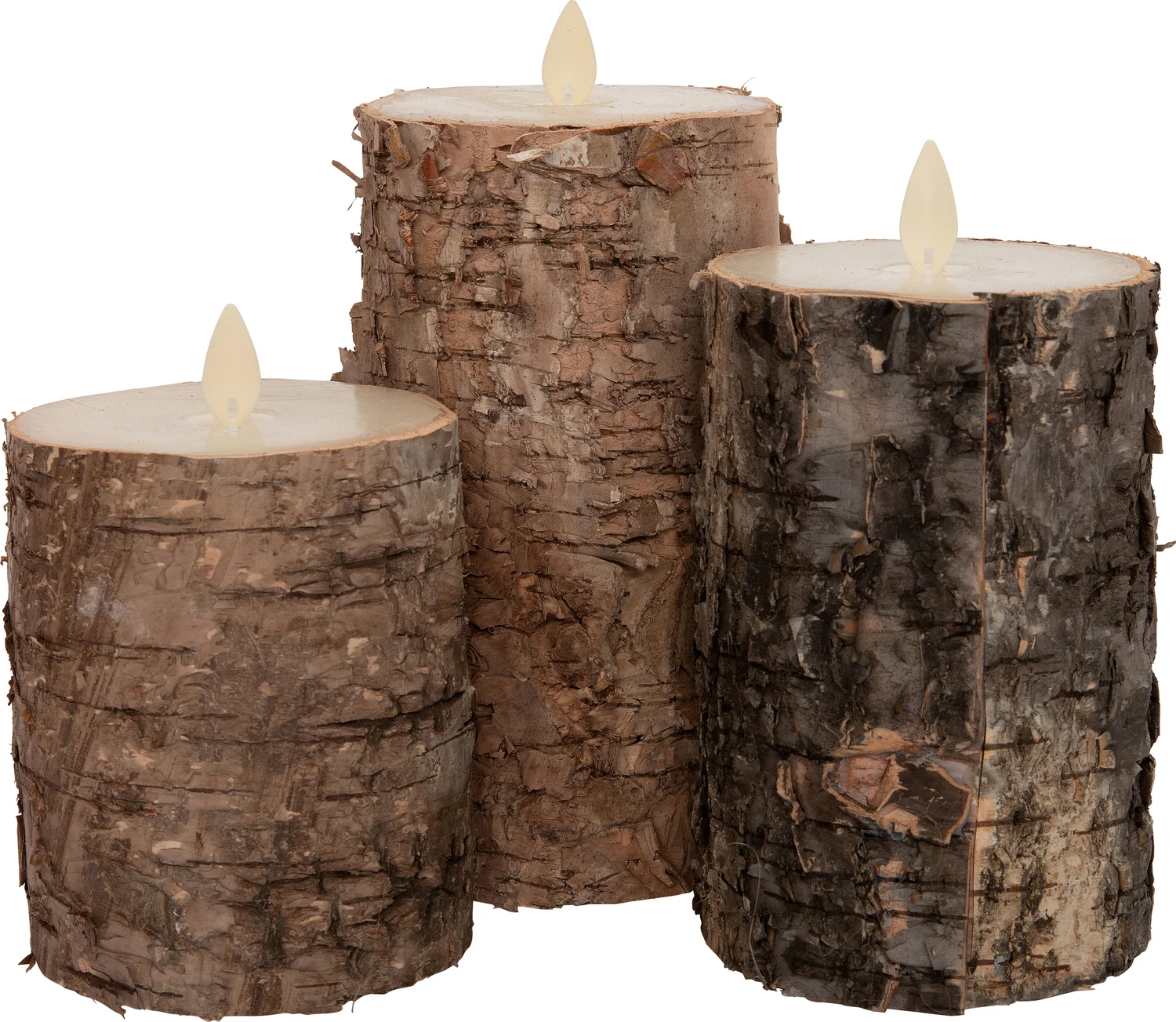 Anna's Collection LED stompkaarsberkenhout structuur bruin D 7,5 H 10 / 12,5 / 15 cm 3 stuks