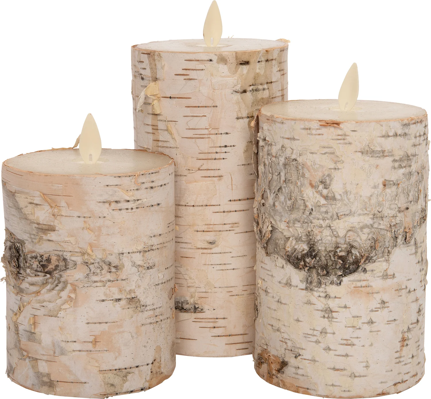 Anna's Collection LED stompkaars berkenhout structuur wit D 7,5 H 10 / 12,5 / 15 cm 3 stuks