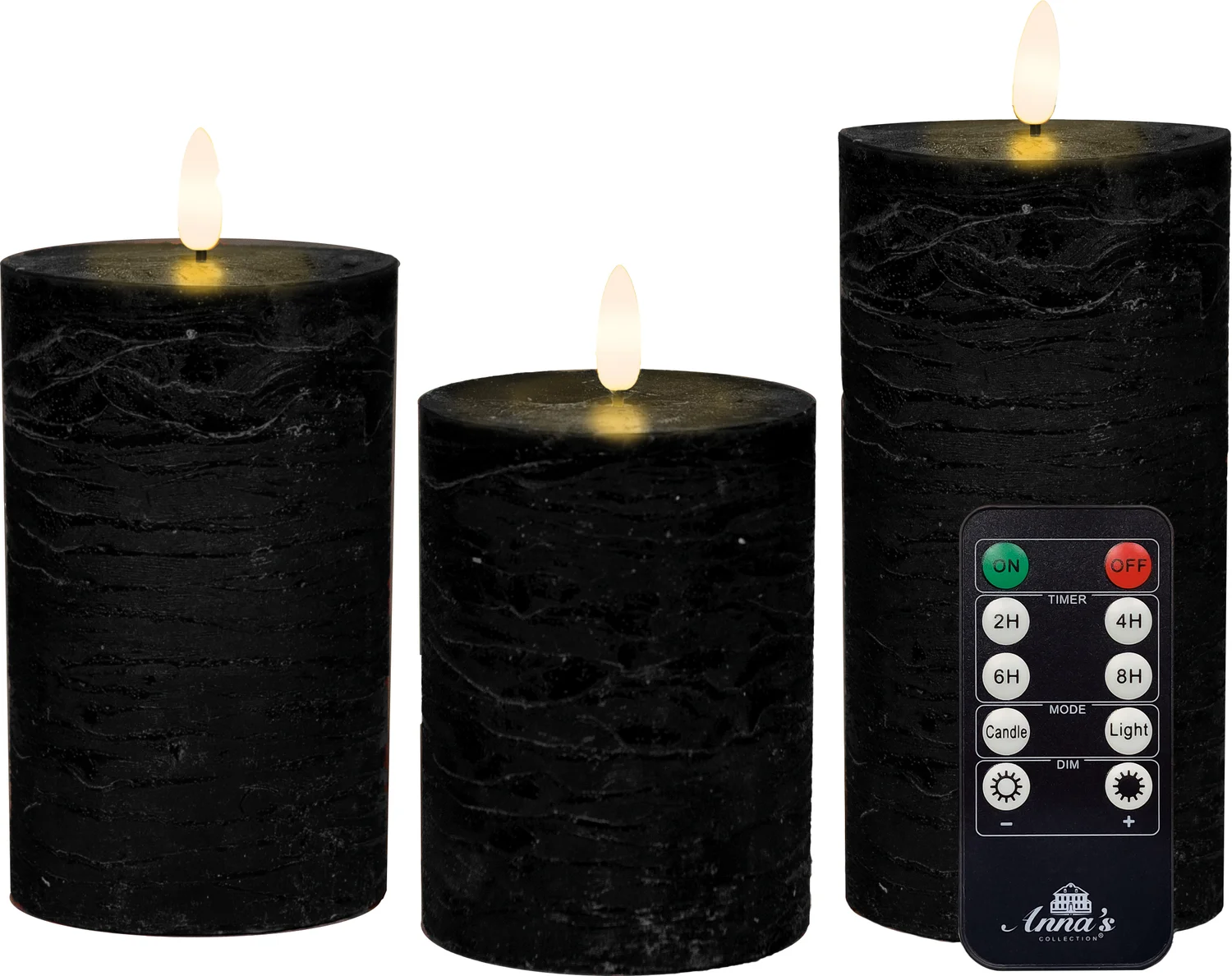 Anna's Collection LED stompkaars met afstandsbediening Rustiek zwart D 7,5 H 10 / 12, 5 / 15 cm 3 stuks