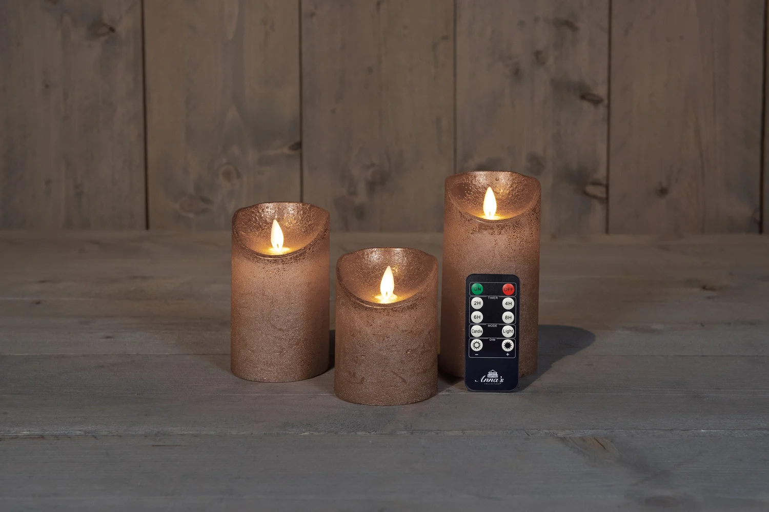 Anna's Collection LED stompkaars met timer brons D 7,5 H 10 / 12,5 / 15 cm 3 stuks