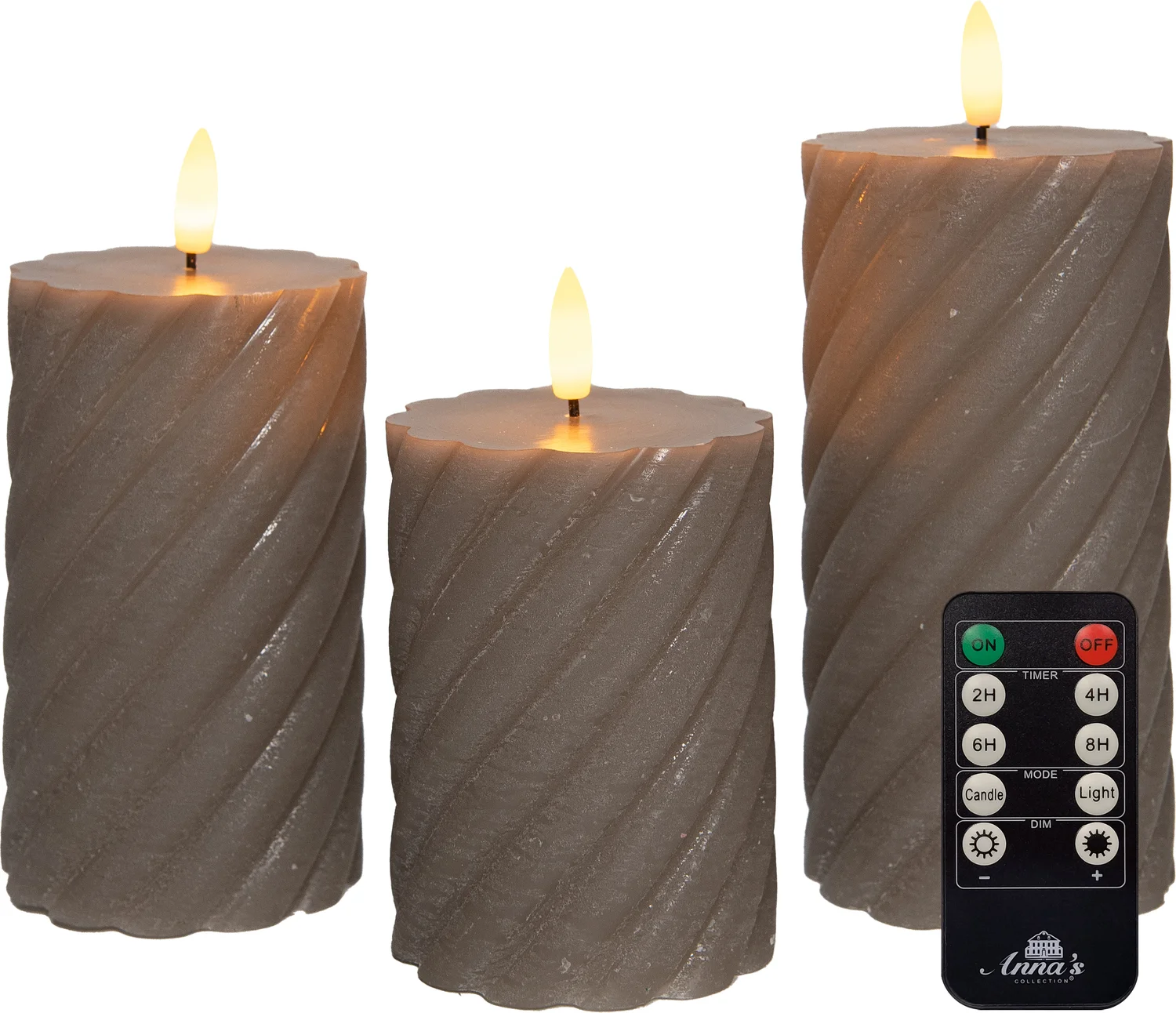 Anna's Collection LED stompkaars Swirl met timer taupe D 7,5 H 10 / 12,5 / 15 cm 3 stuks