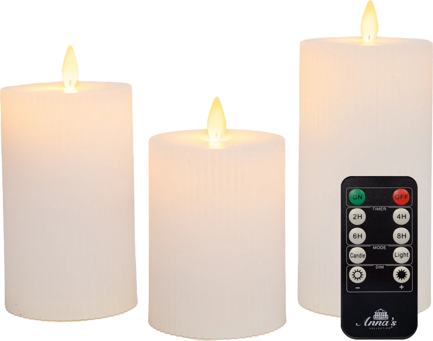 Anna's Collection LED stompkaars Rib met timer wit D 7,5 H 10 / 12,5 / 15 cm 3 stuks