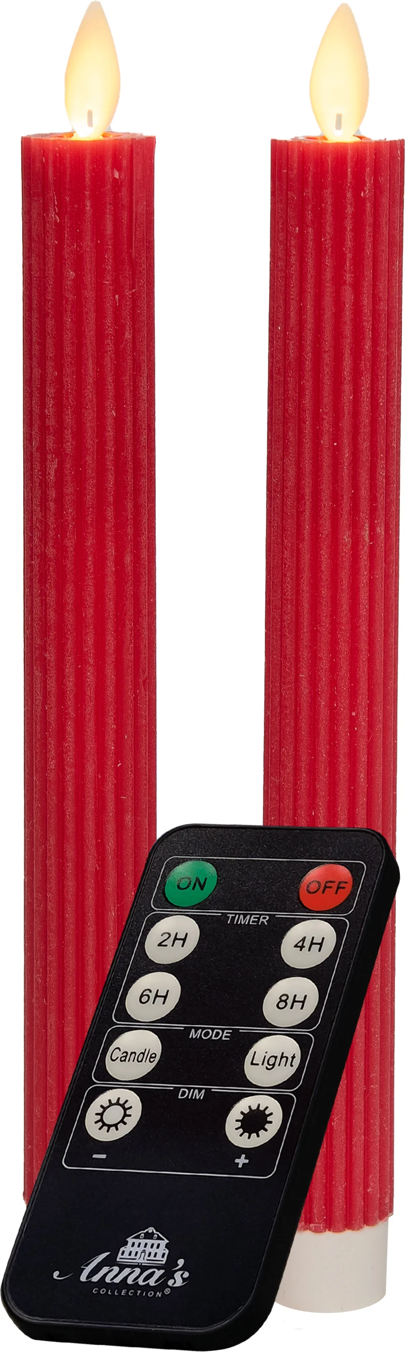 Anna's Collection LED dinerkaars Rib bewegende vlam met timer rood D 2,2 H 23 cm 2 stuks