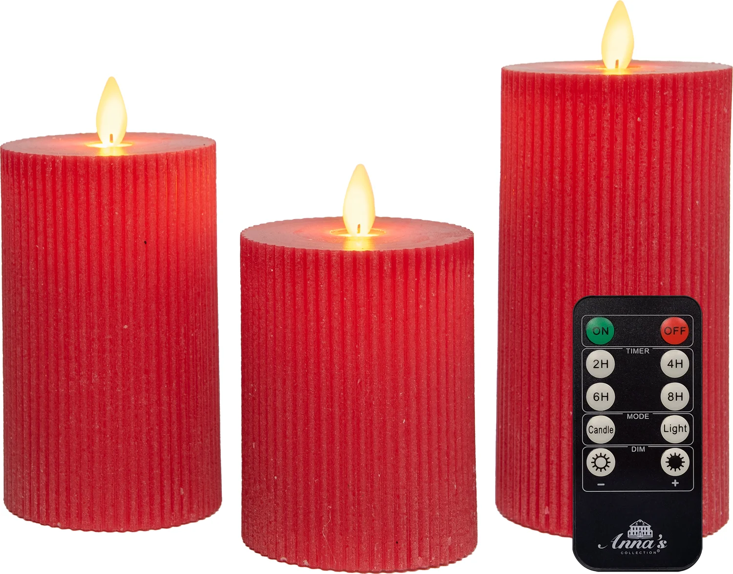 Anna's Collection LED stompkaars Rib met timer rood D 7,5 H 10 / 12,5 / 15 cm 3 stuks