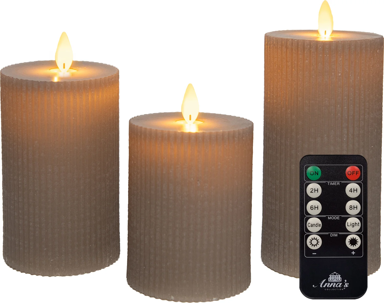Anna's Collection LED stompkaars Rib met timer taupe D 7,5 H 10 / 12,5 / 15 cm 3 stuks