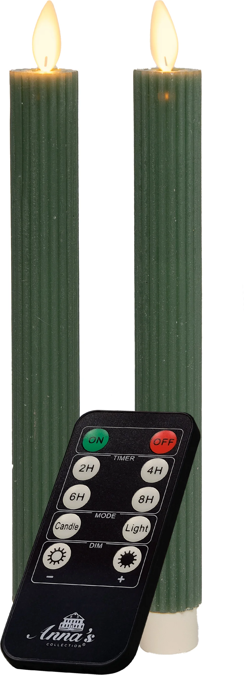 Anna's Collection LED dinerkaars Rib bewegende vlam met timer groen D 2,2 H 23 cm 2 stuks