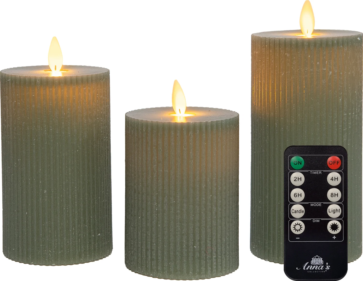 Anna's Collection LED stompkaars Rib met timer groen D 7,5 H 10 / 12,5 / 15 cm 3 stuks
