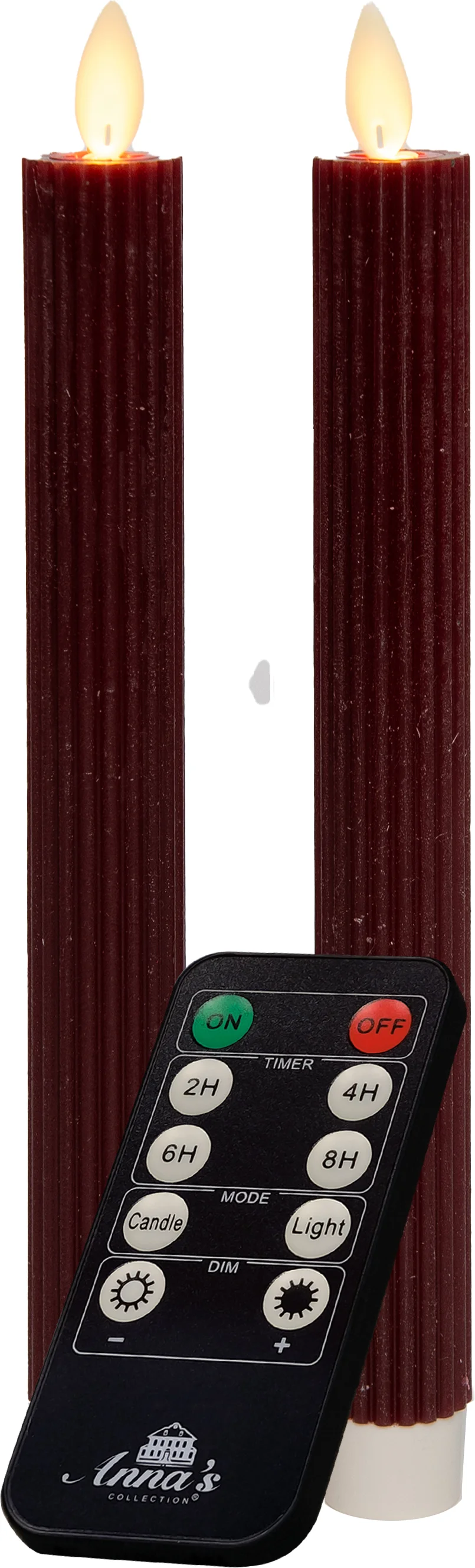 Anna's Collection LED dinerkaars Rib bewegende vlam met timer bordeaux D 2,2 H 23 cm 2 stuks
