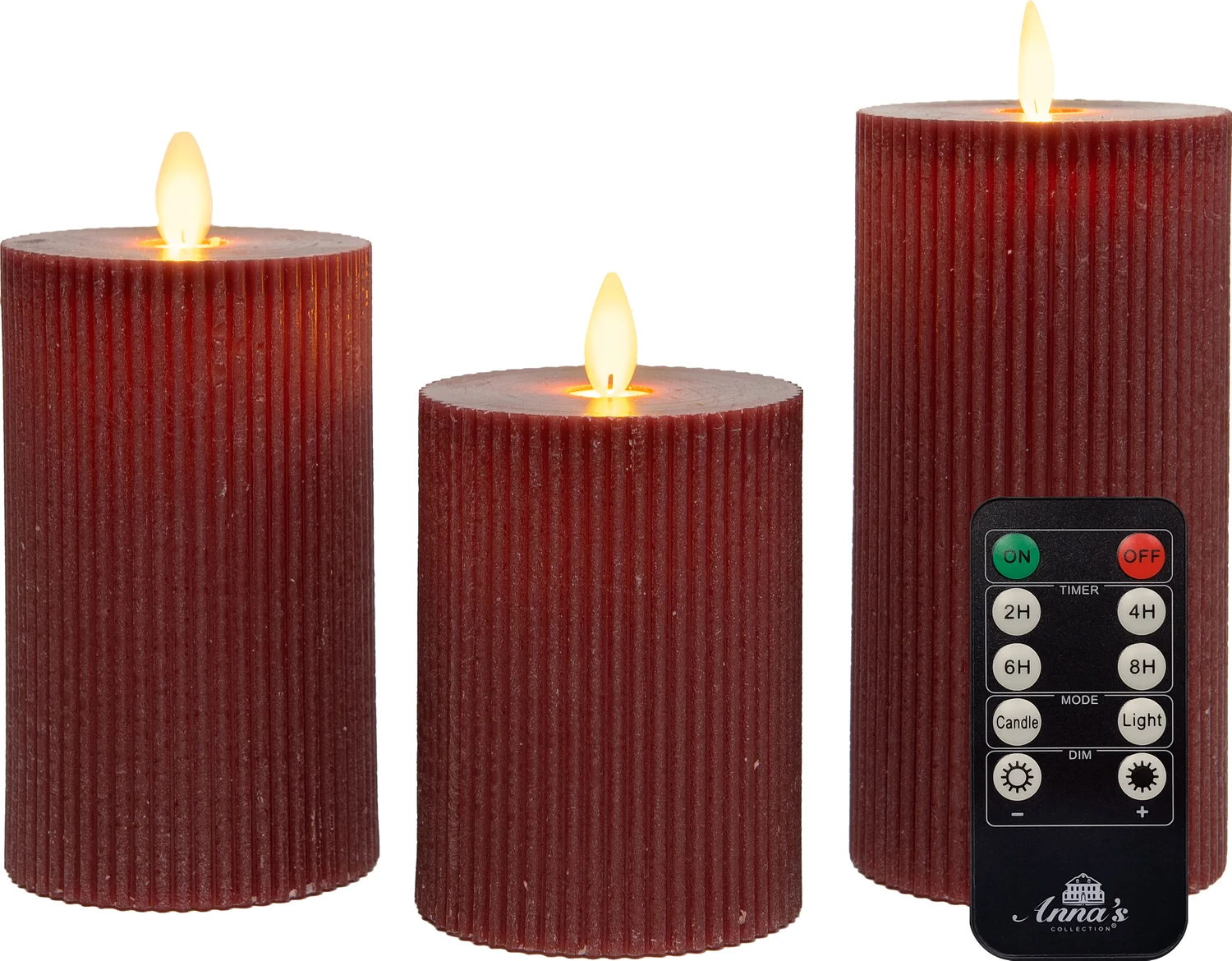 Anna's Collection LED stompkaars Rib met timer bordeaux D 7,5 H 10 / 12,5 / 15 cm 3 stuks