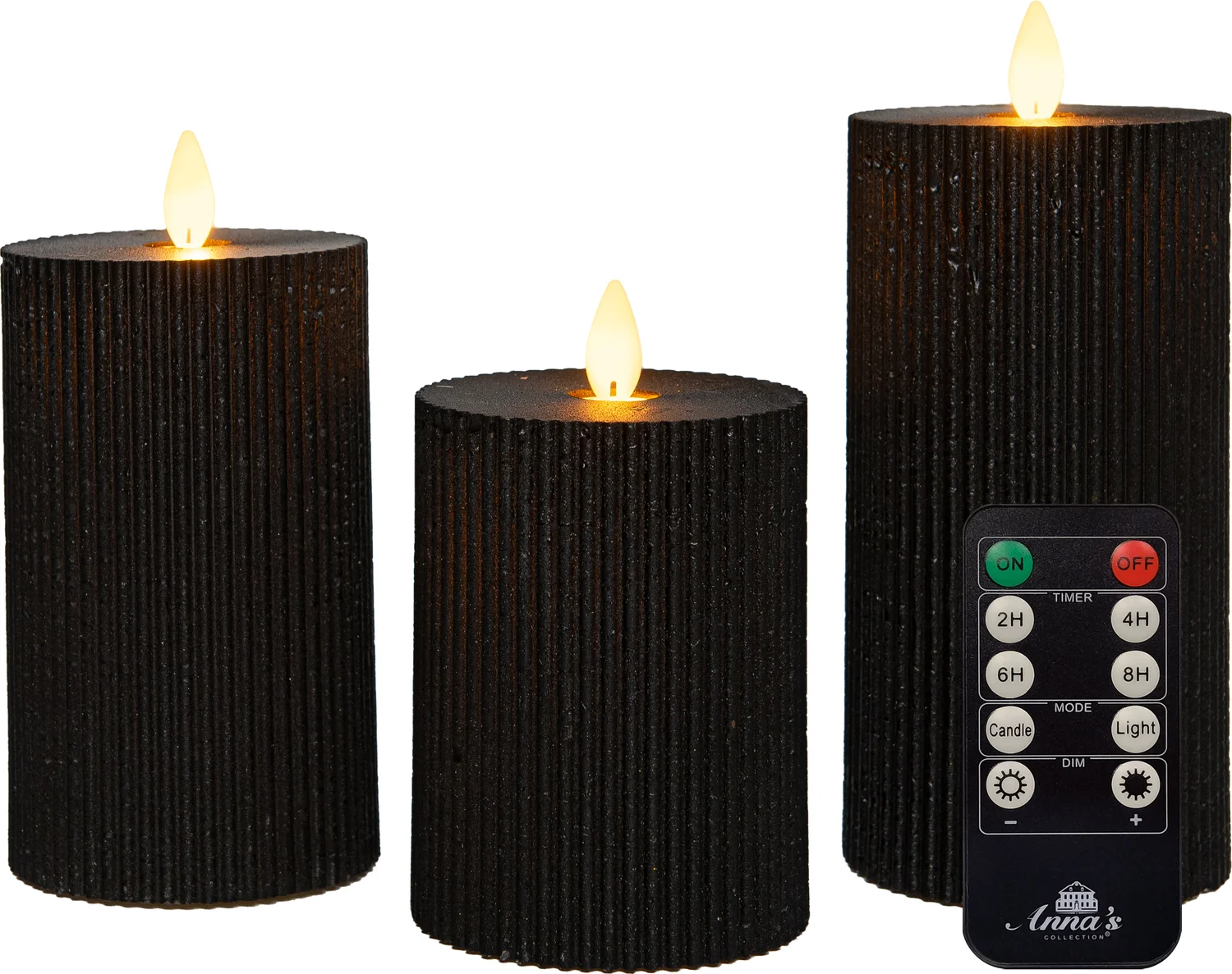 Anna's Collection LED stompkaars Rib met timer zwart D 7,5 H 10 / 12,5 / 15 cm 3 stuks