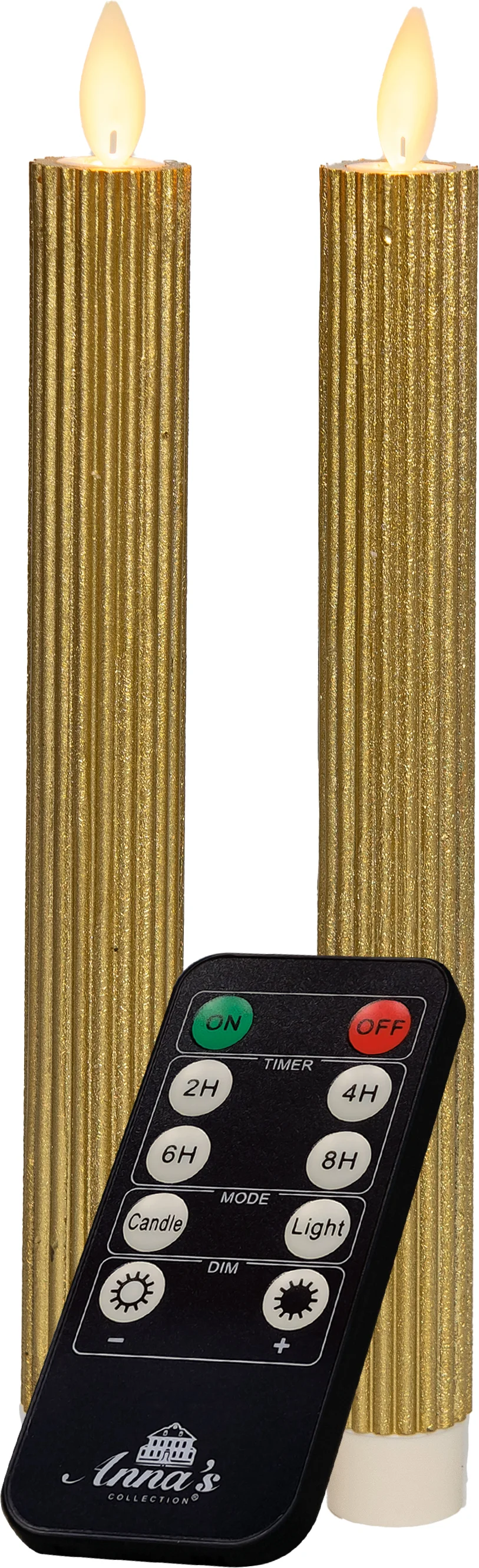 Anna's Collection LED dinerkaars Rib bewegende vlam met timer goud D 2,2 H 23 cm 2 stuks
