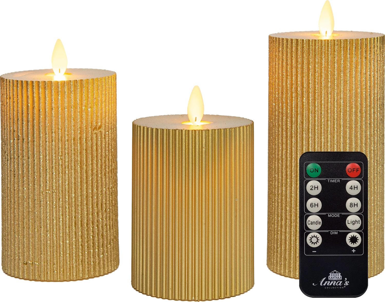 Anna's Collection LED stompkaars Rib met timer goud D 7,5 H 10 / 12,5 / 15 cm 3 stuks