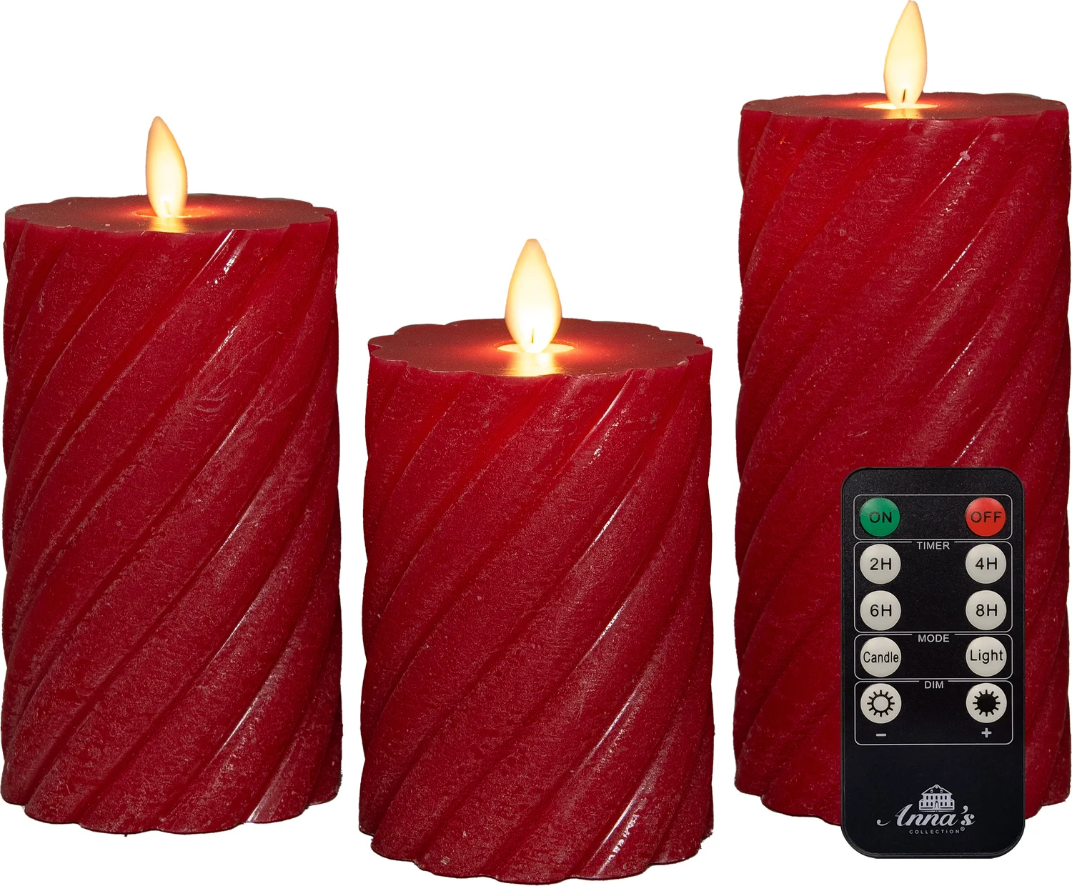Anna's Collection LED stompkaars Swirl met timer rood D 7,5 H 10 / 12,5 / 15 cm 3 stuks