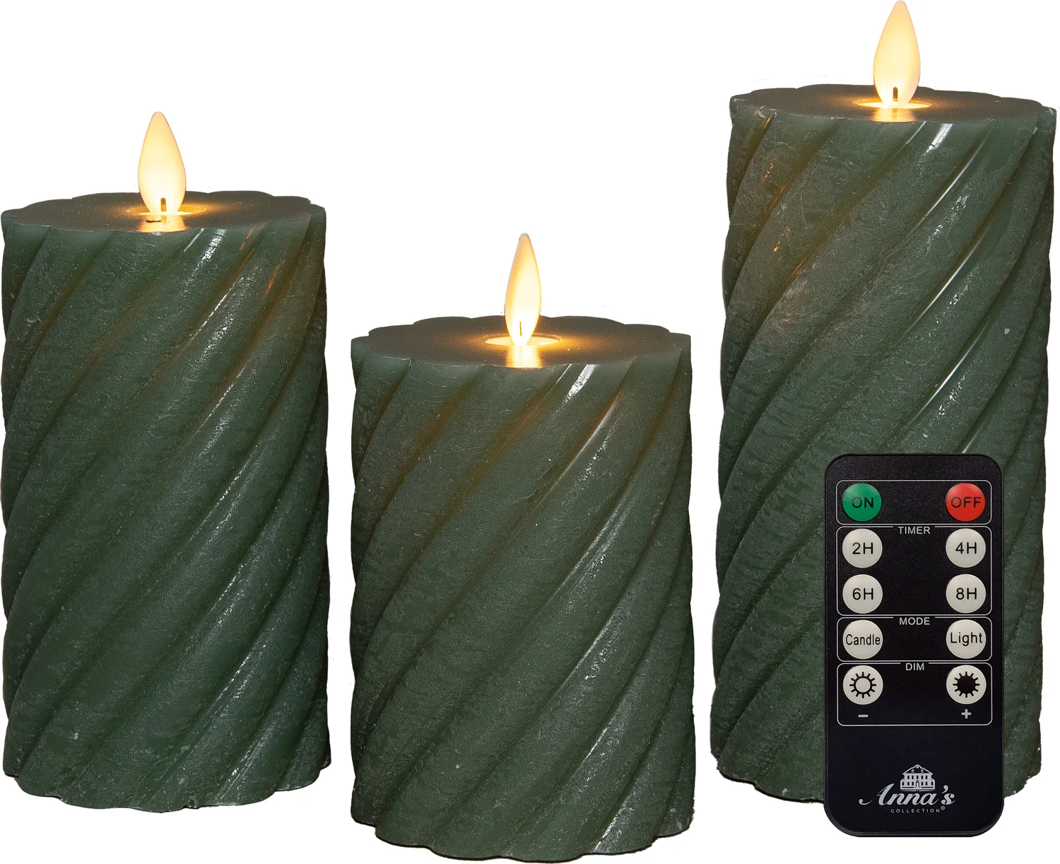 Anna's Collection LED stompkaars Swirl met timer groen D 7,5 H 10 / 12,5 / 15 cm 3 stuks