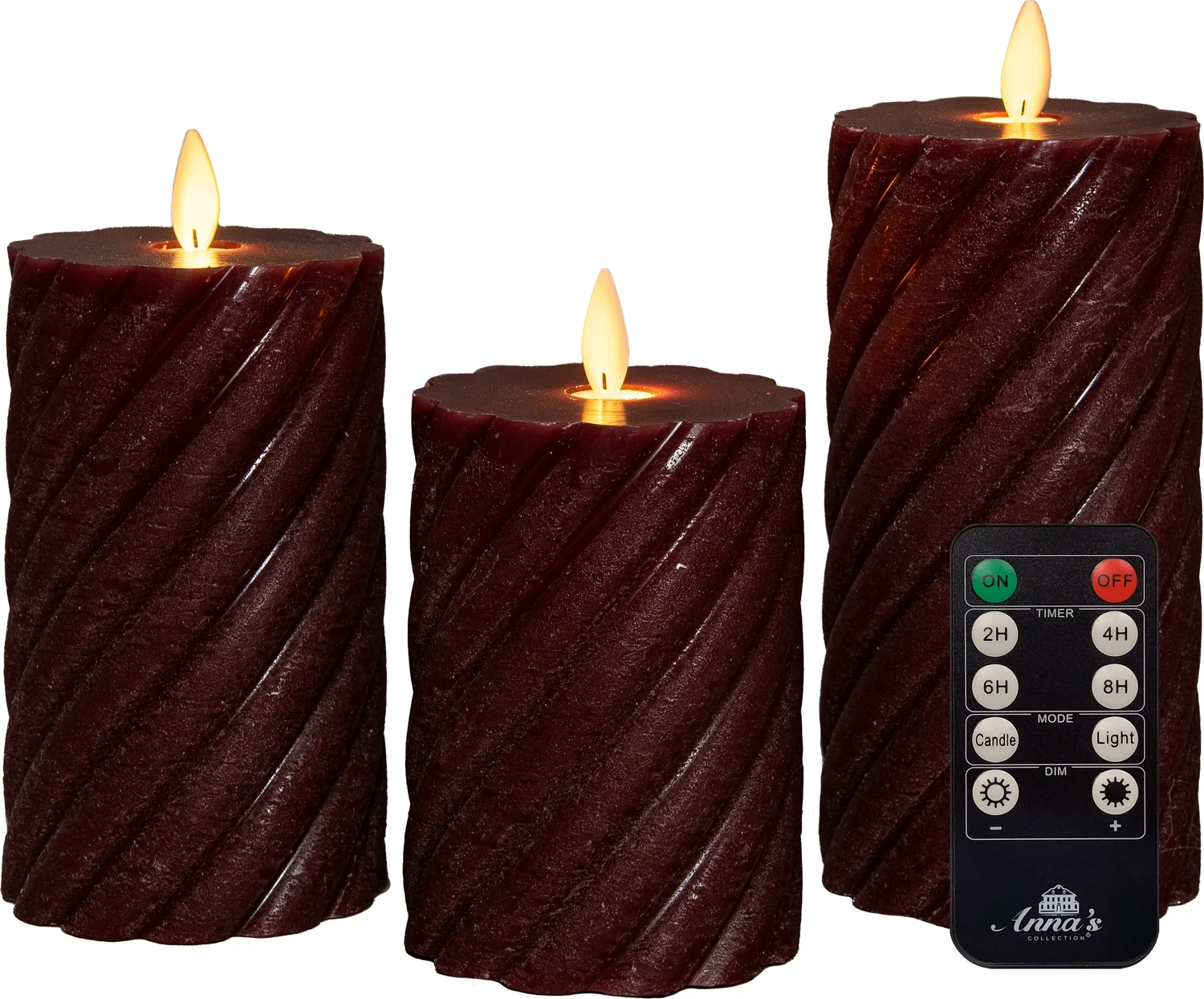 Anna's Collection LED stompkaars Swirl met timer bordeaux D 7,5 H 10 / 12,5 / 15 cm 3 stuks