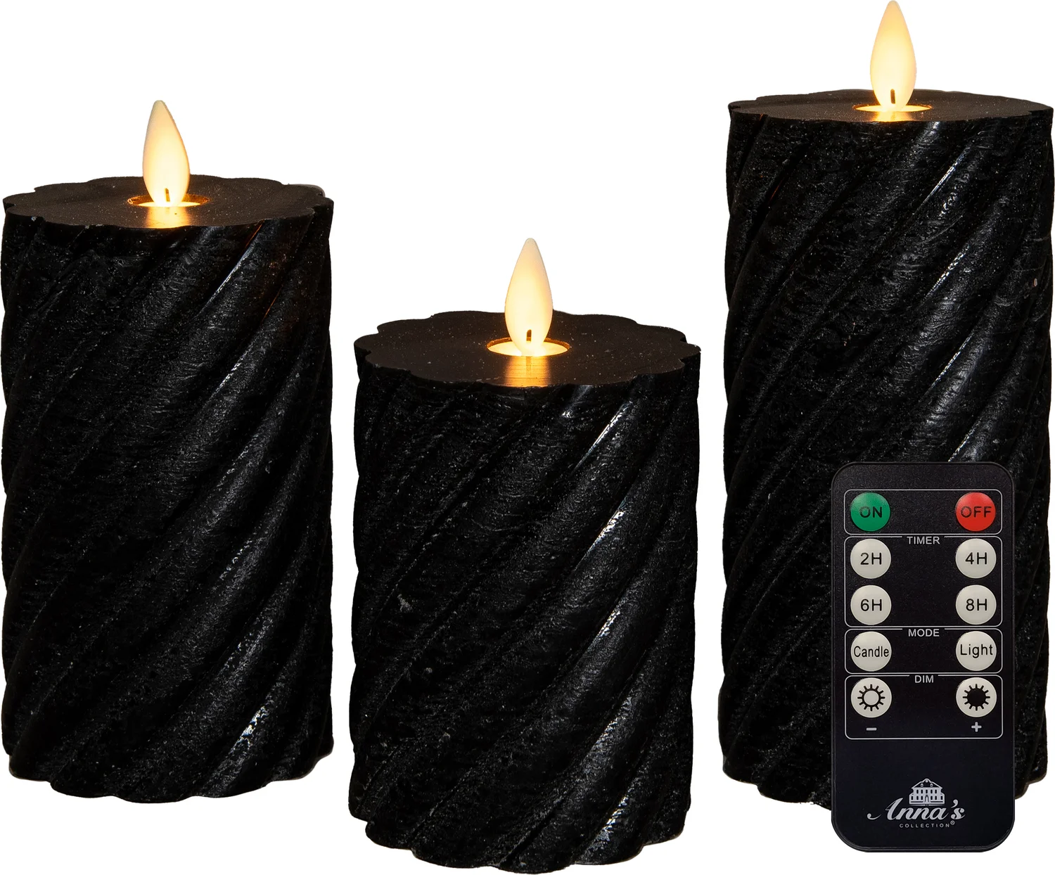 Anna's Collection LED stompkaars Swirl met timer zwart D 7,5 H 10 / 12,5 / 15 cm 3 stuks