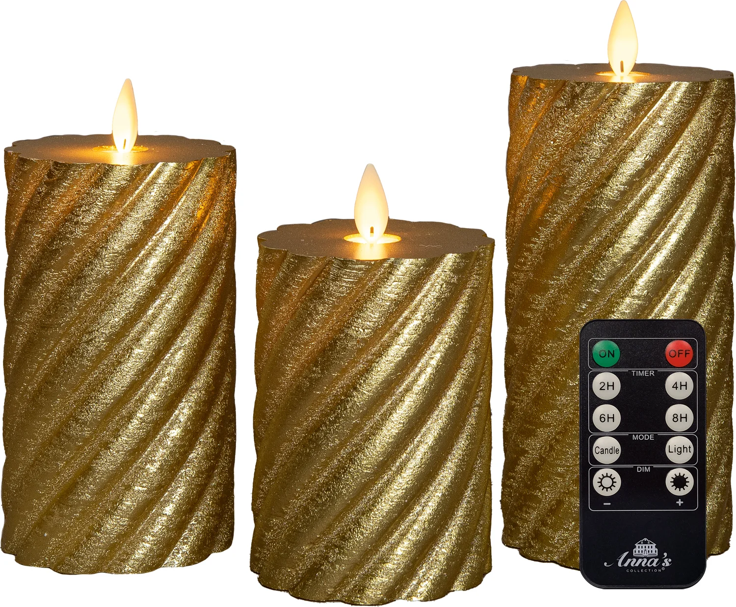 Anna's Collection LED stompkaars Swirl met timer goud D 7,5 H 10 / 12,5 / 15 cm 3 stuks