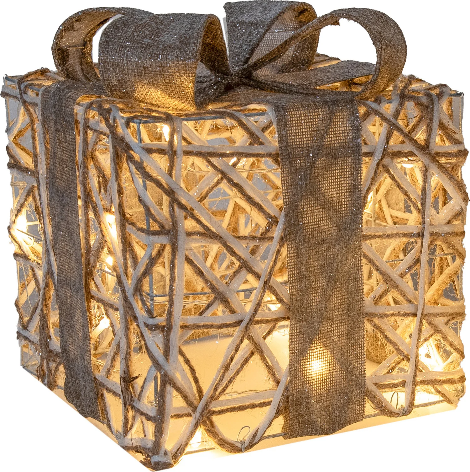 Anna's Collection kerstfiguur cadeau naturel met verlichting 17 x 17 x 17 cm