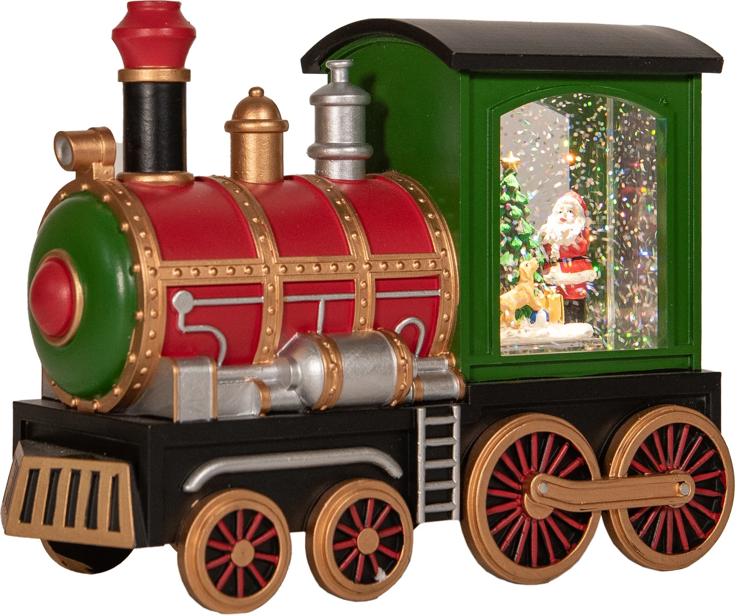 Anna's Collection sneeuwbol trein rood / groen met verlichting 16,7 x 22 x 9,8 cm