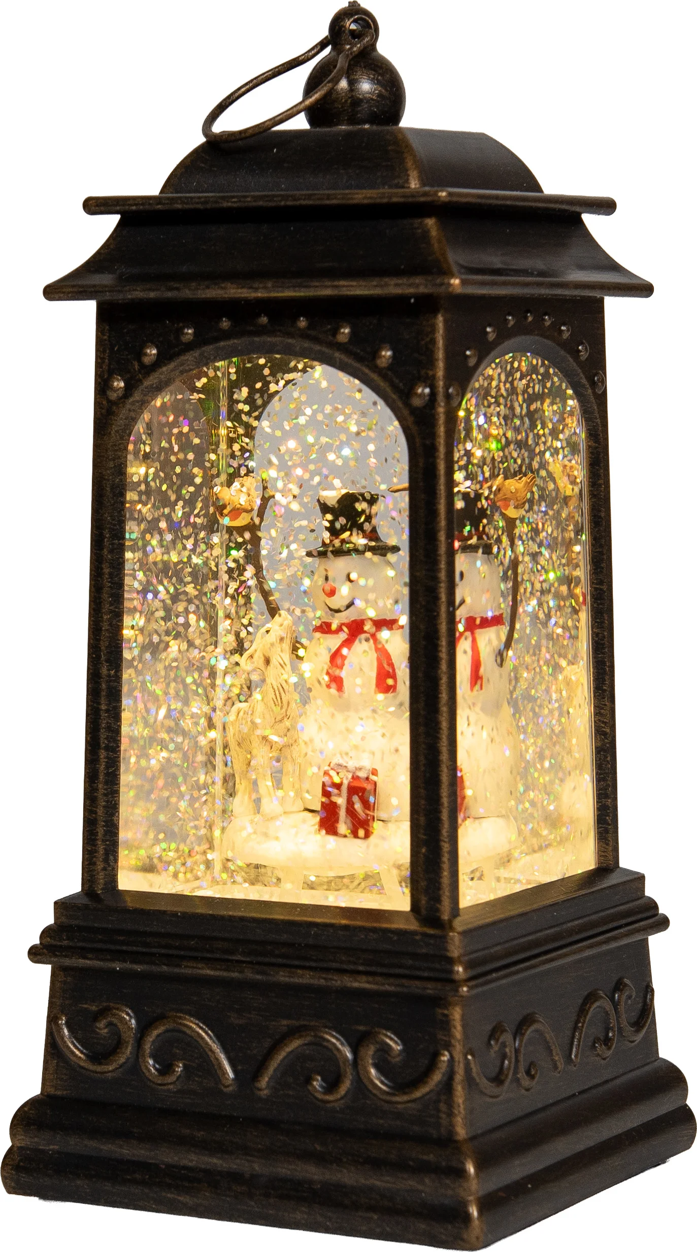 Anna's Collection sneeuwbol lantaarn sneeuwpop bruin met verlichting 13 x 13 x 25,5 cm