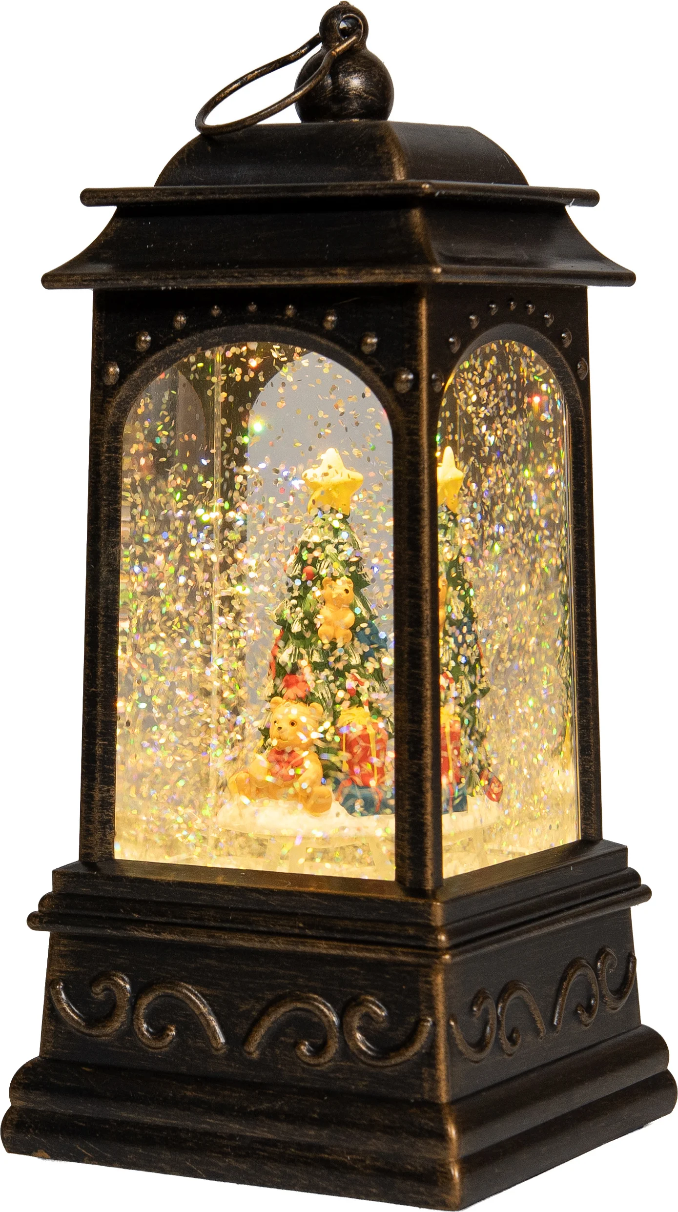 Anna's Collection sneeuwbol lantaarn kerstboom bruin met verlichting 13 x 13 x 25,5 cm