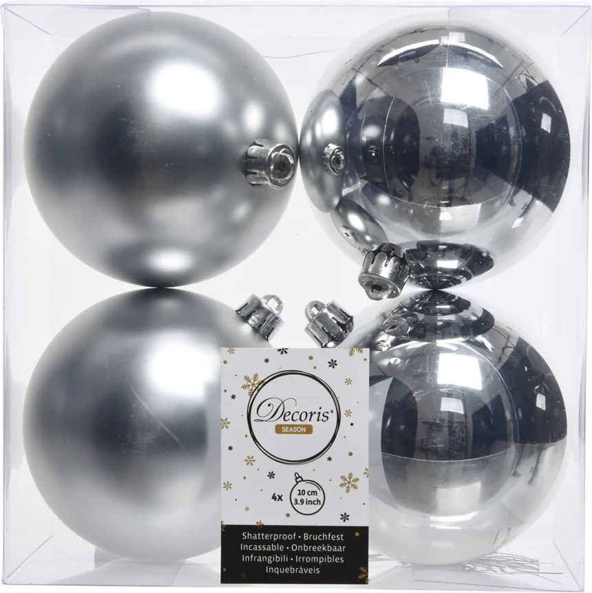 Decoris kerstbal zilver D 10 cm 4 stuks
