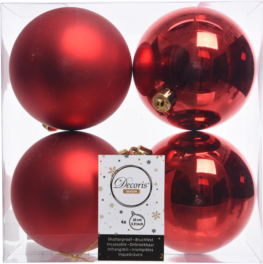 Decoris kerstbal rood D 10 cm 4 stuks