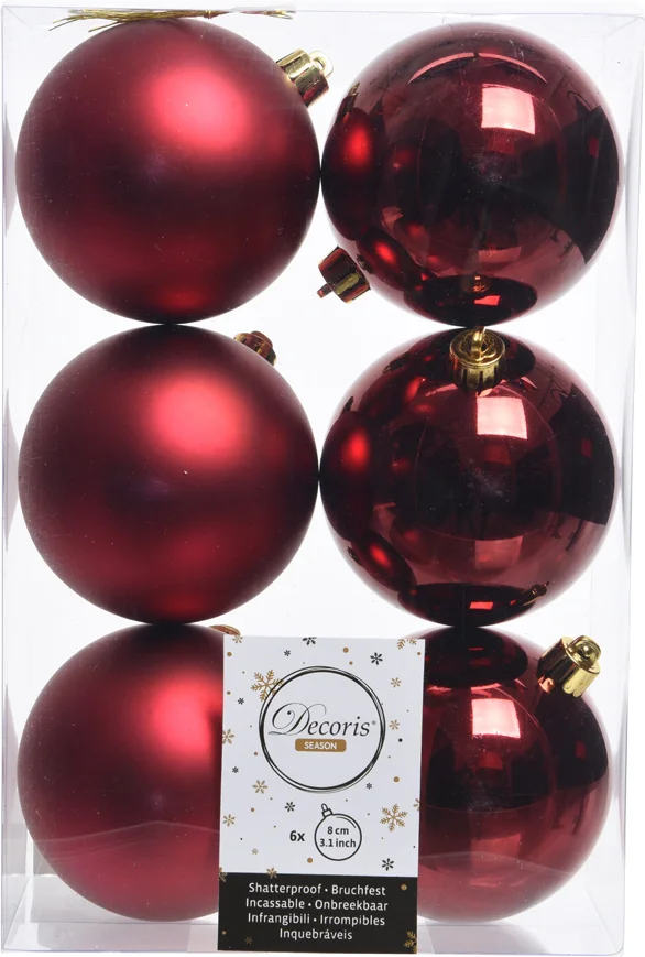 Decoris kerstbal bordeaux D 8 cm 6 stuks