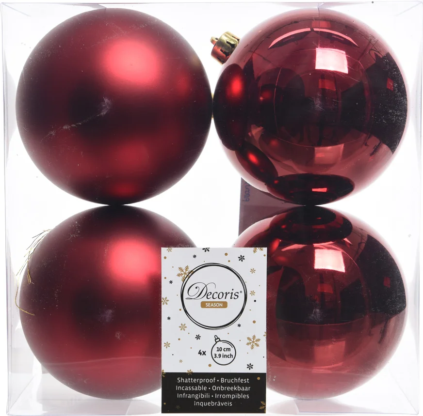 Decoris kerstbal bordeaux D 10 cm 4 stuks