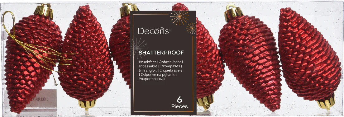 Decoris kerst ornament Manny dennenappel rood 4,5 x 4,5 x 8 cm 6 stuks