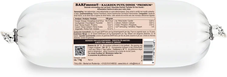 BARFmenu diepvries hondenvoer Premium kalkoen 1 kg
